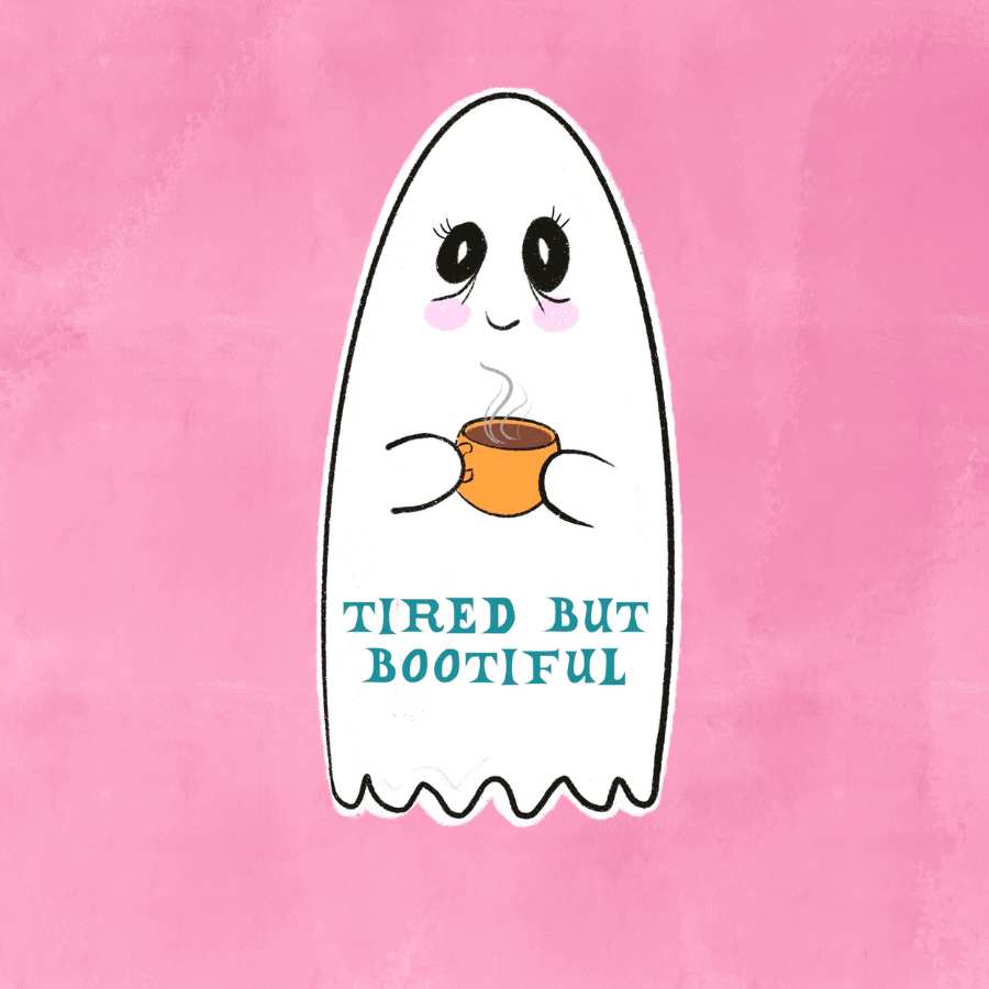 Tired But Bootiful Ghost Sticker ā Cozy Halloween Coffee Ghost, Cute Spooky Vinyl Sticker