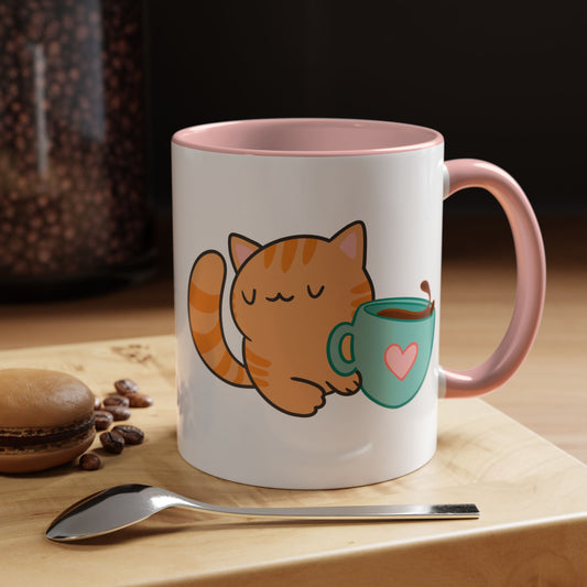 Peaches’ Cozy Coffee Hug Mug – Orange Tabby Cat with Hot Beverage